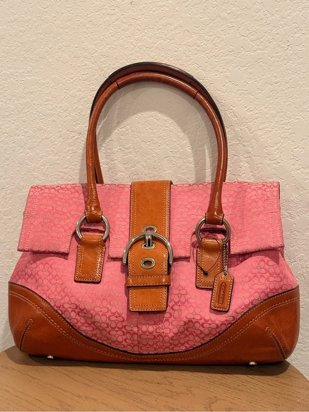 Coach Y2K Pink Canvas and Tan Leather Shoulder Satchel